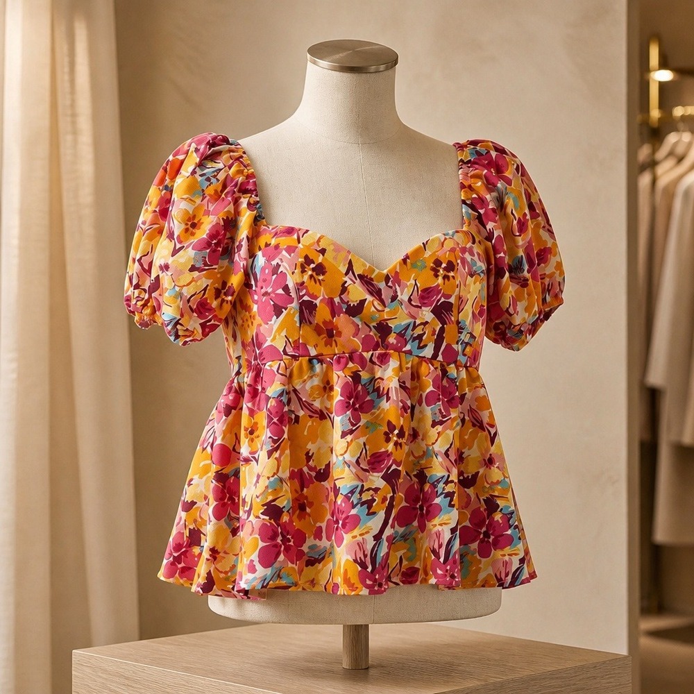 SHEIN Women XL Floral Puff Sleeve Sweetheart Neck Smocked Peplum Top Orange Pink